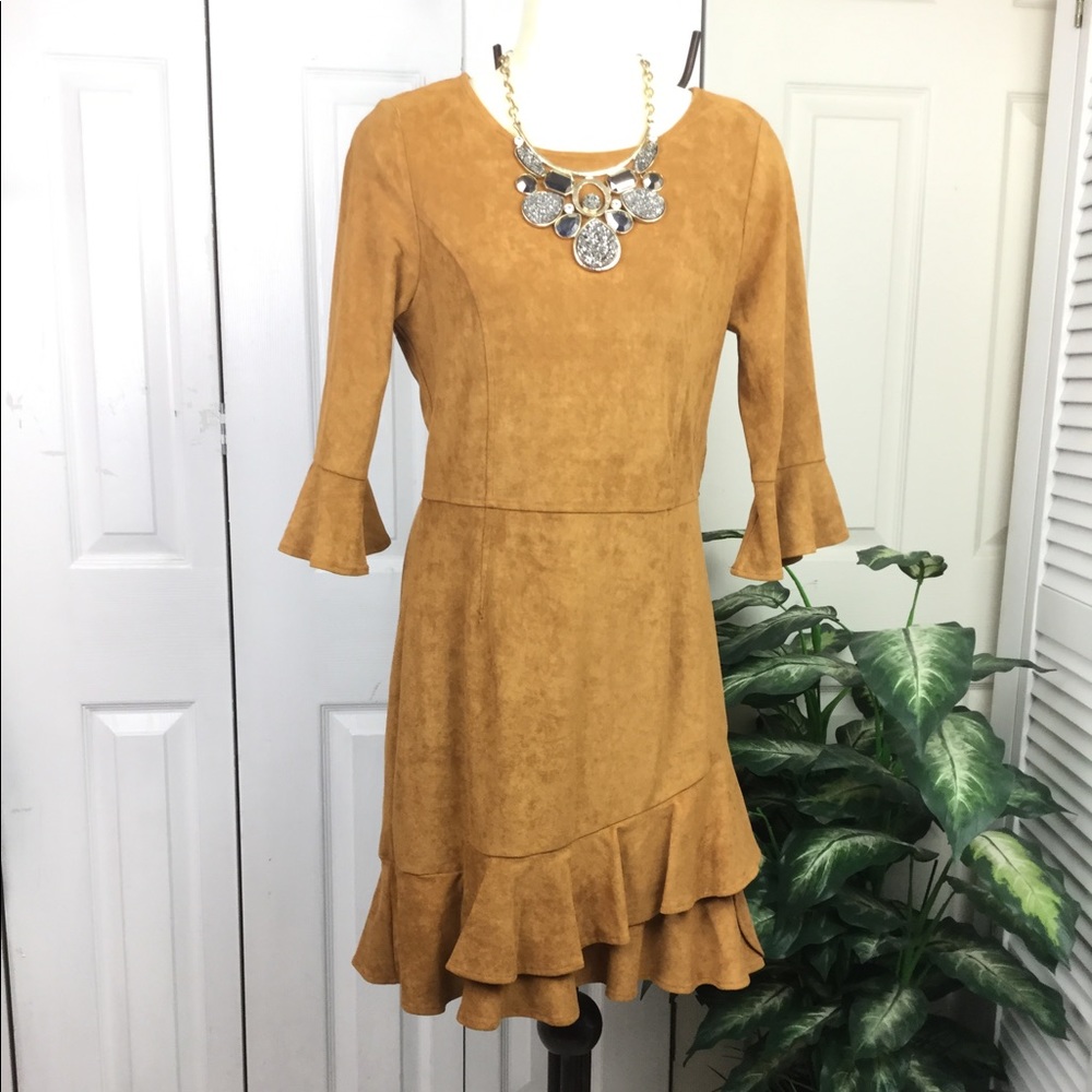 Aryeh SUEDE BELL SLEEVES RUFFLE DRESS CAMEL COLOR - Picture 2 of 6